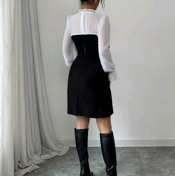 Fashion Slimming Waist A-Line Umbrella Black And White Dress, Elegant Patchwork - Picture 2 of 4